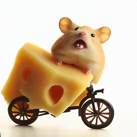 A hamster riding a bicycle made entirely out of cheese with a big grin. Image 4 of 4