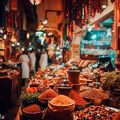 A vibrant local market scene filled with exotic spices, craftsmanship, and unique products