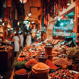 A vibrant local market scene filled with exotic spices, craftsmanship, and unique products. Image 1 of 4