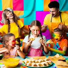 Imagine a colorful and playful scene of a family making homemade empanadas together