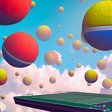 Create an image of a surreal and colorful tennis court floating in the sky.