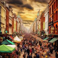 Create an image of Dublin's bustling Grafton Street filled with vendors selling street food, crafts, and wares.