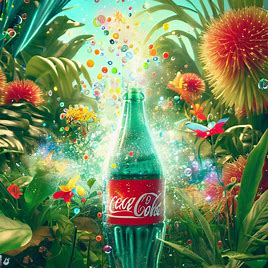 Create a magical scene where coca-cola bubbles burst into flowers and make a tropical garden come to life.