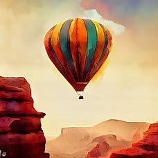 Create a whimsical illustration of a hot air balloon floating above the red rocks of Sedona, Arizona.