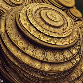 Create an image of a giant stack of gold coins with intricate designs and patterns.. Image 4 of 4