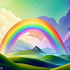 Illustrate a beautiful rainbow arching over a mountain landscape