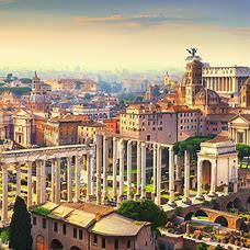 Roman Cityscape: Show a panoramic view of a bustling Roman city filled with towering columns, ornate arches, and grand palaces.