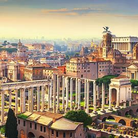 Roman Cityscape: Show a panoramic view of a bustling Roman city filled with towering columns, ornate arches, and grand palaces.. Image 1 of 4