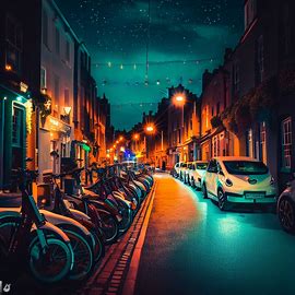 Imagine a community of electric vehicles and bikes along a side street in Dublin, brightly lit against the night sky.. Bild 4 von 4