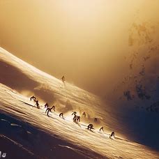 Imagine a group of skiers and snowboarders racing down a steep and challenging mountain run, basked in the golden glow of the setting sun.
