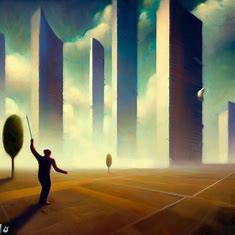A surrealist painting of a person playing badminton in the middle of a city with towering skyscrapers as the background.