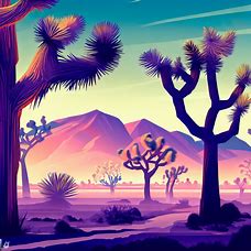 Illustrate a surreal landscape featuring Joshua Tree National Park and its iconic trees