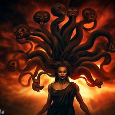 Depict a dramatic and powerful medusa with multiple heads and a fiery background.