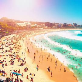 Create an image of a bustling Bondi Beach with surfers, tourists, and locals having a great time on a sunny day.. Image 3 of 4
