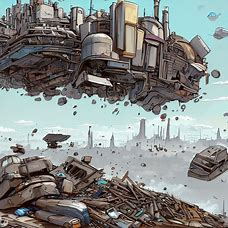 Draw a futuristik city floating above a garbage heap filled with discarded vehicles, buildings, and appliances