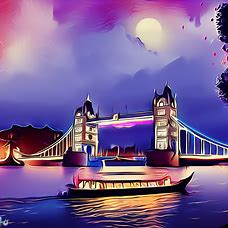 Create a beautiful illustration of the iconic London Bridge at night with a romantic boat ride on the Thames River.