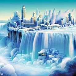 Illustrate Niagara Falls as a cityscape built entirely out of ice and snow.