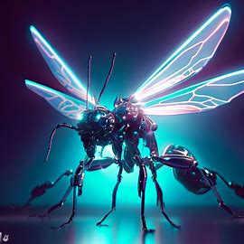 Imagine a futuristic world where insects have evolved into advanced robots, with sleek metal exoskeletons and glowing LED wings.. Image 2 of 4