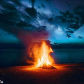 A night sky with a magical local bonfire on the beach surrounded by a warm, enticing glow. Image 1 of 4