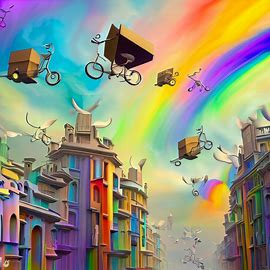Imagine a whimsical interpretation of the architecture of Barcelona, featuring flying bikes and rainbow-colored buildings.. Image 1 of 4