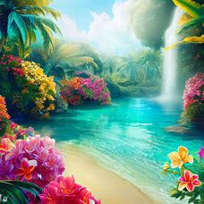 Create a dreamy and lush tropical paradise scene with colorful flowers, crystal clear water and sandy beaches.