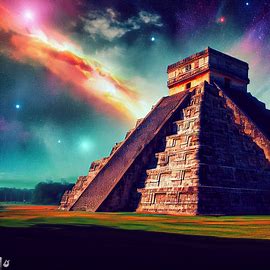 Imagine a surreal, dream-like rendering of Chichen Itza set against a backdrop of a starry night sky.. Image 2 of 4