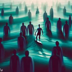 Create a surreal image of a surfer navigating through a sea of people standing on their surfboards.