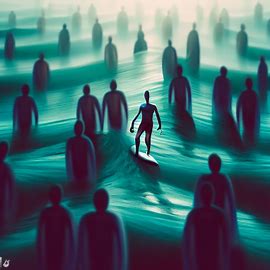 Create a surreal image of a surfer navigating through a sea of people standing on their surfboards.. Image 1 of 4