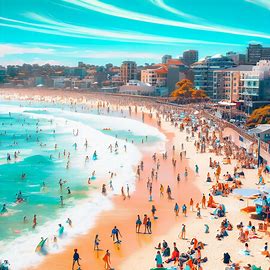 Create an image of a bustling Bondi Beach with surfers, tourists, and locals having a great time on a sunny day.. Image 2 of 4