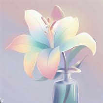 Illustrate a pastel-colored lily flower, delicately placed in a glass vase with a soft candle light shining on it.