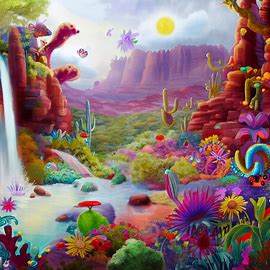 Design a dream-like landscape of Sedona, Arizona, with whimsical flowers, creatures and waterfalls in the desert.. Image 3 of 4