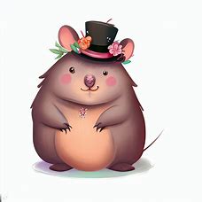 Create an illustration of a whimsical, cartoon-style wombat with a unique accessory, such as a top hat or a flower crown.