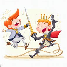 Draw a whimsical scene featuring James Hewitt and Prince Harry as cartoon characters playing a cheerful game of knightly jousting.