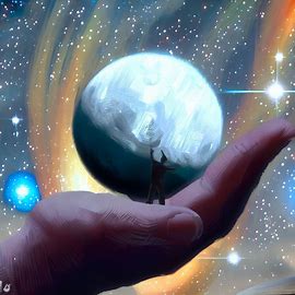 Paint a dream-like scene where a tiny earth is being held by a giant hand, surrounded by stars and galaxies. Image 2 of 4