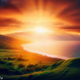 Imagine a stunning, ethereal sunset over the lush green hills and lush beaches of Maui with the sun casting a warm orange and yellow glow onto the landscape.. Image 4 of 4
