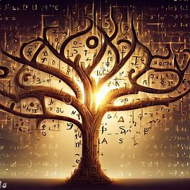 An algebraic tree with intricate branches made up of letter, symbol and numbers that come to life when struck by sunlight.. Image 3 of 4