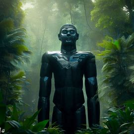 Create an image of a giant obsidian statue standing in a lush tropical forest.. Image 3 of 4