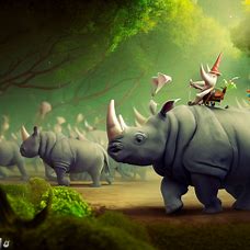 Create an image of a whimsical rhinoceros parade that takes place in the forest