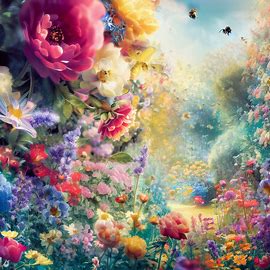 Imagining an English garden in bloom, with vibrant flowers and bumble bees。第 3 个图像，共 4 个图像
