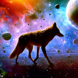Imagine a coyote walking through a galaxy filled with stars and asteroids