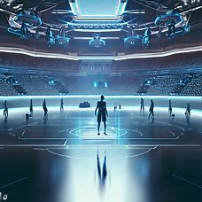 Create an image of a futuristic basketball arena with floating courts and high-tech players.