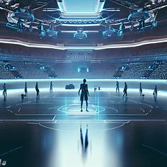 Create an image of a futuristic basketball arena with floating courts and high-tech players.