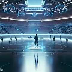 Create an image of a futuristic basketball arena with floating courts and high-tech players.