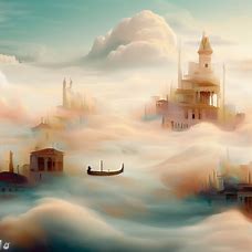 Create a whimsical, dreamlike version of Venice, depicting the city as a floating utopia in the clouds.
