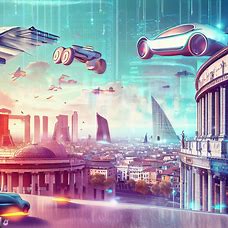 A futuristic version of Rome, with flying cars, skyscrapers, and holograms