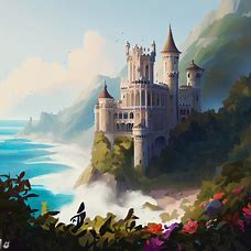 Design a fairytale castle hidden in the hills of the Amalfi Coast, surrounded by blooming flowers and rolling waves.