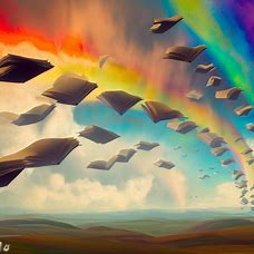 Imagine a whimsical landscape where the sky is a rainbow of opened books flying in read formation.