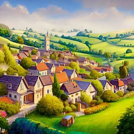 A picturesque representation of a quaint local village, surrounded by rolling hills and green fields. Image 4 of 4