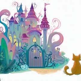 Design a whimsical and enchanted castle with a cat at its gate, watching over the kingdom.. Image 3 of 4