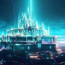 Imagine a futuristic Edinburgh Castle, with advanced technology that enhances the beauty of its architecture. In this image, the castle gleams with an otherworldly glow